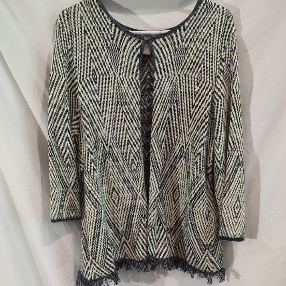 Chicos | Cardigan Sweater Navy Cream Geometric Knit Fringe | XL
